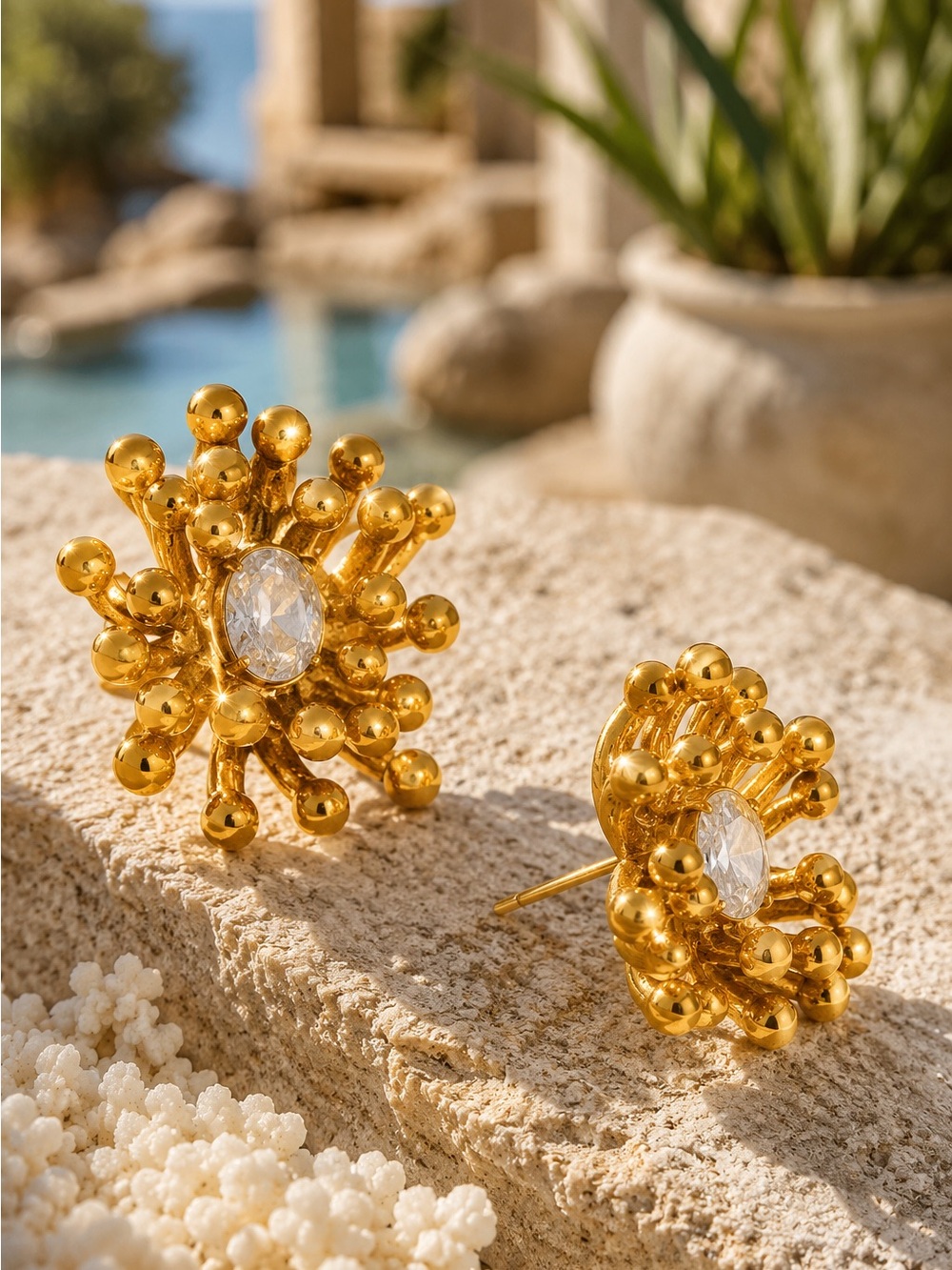 Vogue Gold tone Sunburst Cluster Stud Earrings with Clear Stone - Picture 5 of 7